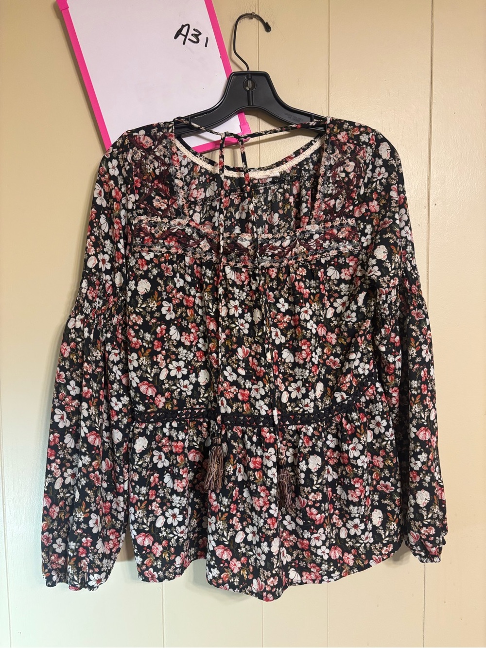 Target Black Floral Peasant Blouse with Tie